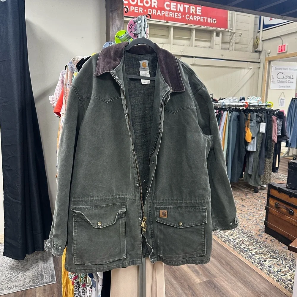 Vintage Carhartt green C52 MOS jacket blanket lined corduroy collar barn jacket - Picture 1 of 14